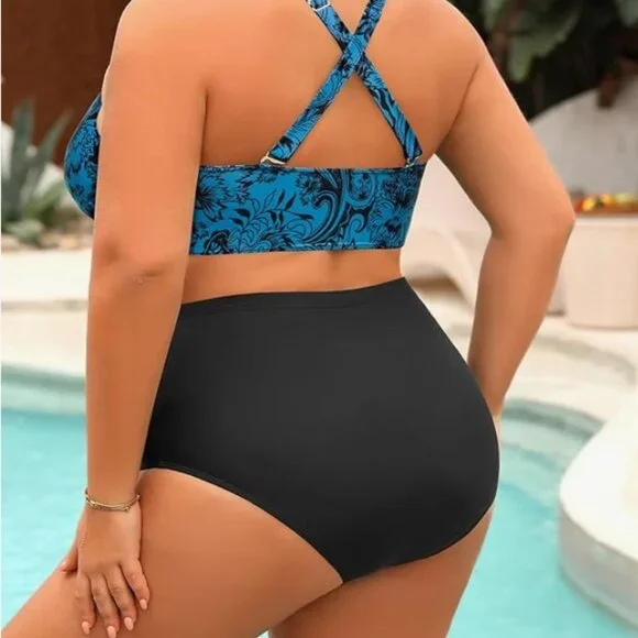 Yonique Plus Size Bikini 18W Blue Floral Halter High Waist Tummy Control NWT - Picture 5 of 15